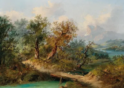 A Mountainous Landscape With A Traveller On A Wooden Bridge