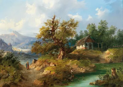 A Mountainous Landscape With An Angler By A Mountain Creek