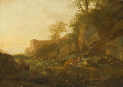 A Mountainous Landscape With Cattle