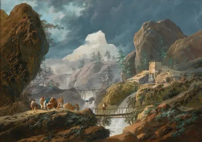 A Mountainous Landscape With Two Foot Bridges And Travelers