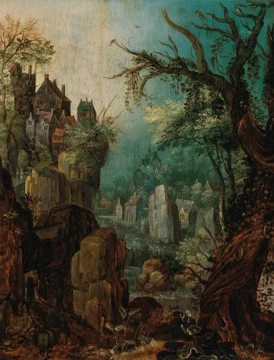 A Mountainous River Landscape With A Peasant Leading Two Donkeys A Village Beyond