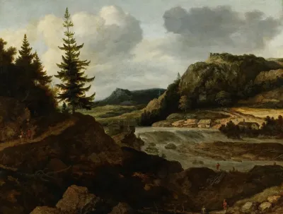 A Mountainous River Landscape With Travellers