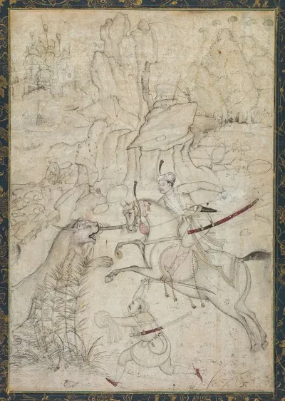 A Mounted Prince Hunting Lion In A Rocky Landscape