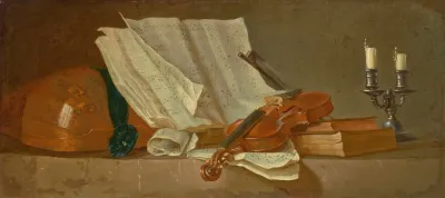 A Musical Score On A Reading Stand A Violin And A Bow A Lute A Candlestick And Books On A Ledge