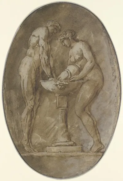 A Naked Man Standing On Tiptoes Holds His Hands In A Basin Into Which A Naked Woman Standing Opposite The Man Is Pouring Water