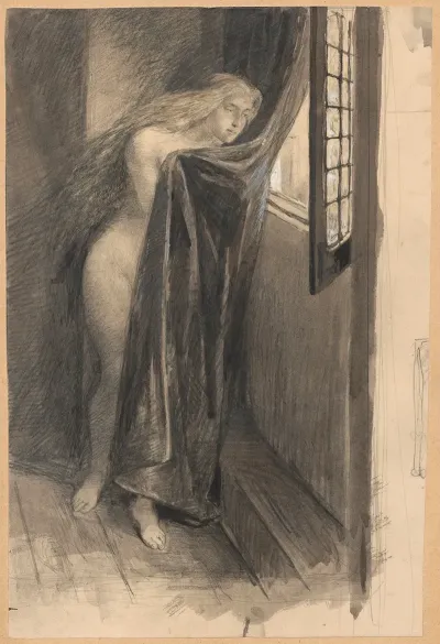 A Naked Woman Looks Out Of A Window While Covering Her Body With The Curtain