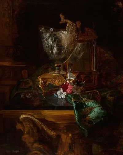 A Nautilus Cup On A Carved Stand With A Floral Still Life