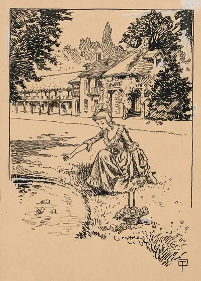 A Noble Woman Feeds Fish By A Pond