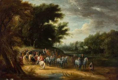 A Nobleman In A State Coach At Rest Escorted By His Men And Horses With A Gentleman On A White Horse Approaching And Landscape Beyond