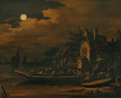 A Nocturnal River Landscape With A Ferry Boat