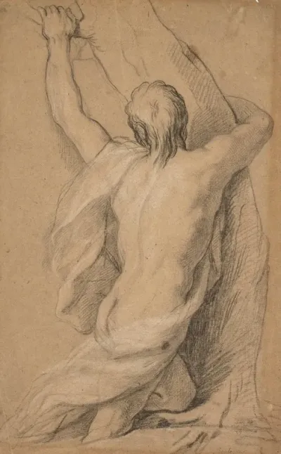 A Nude Study Of Man Seen From The Back Clasping To A Tree