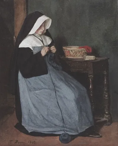 A Nun Seated At A Table Knitting