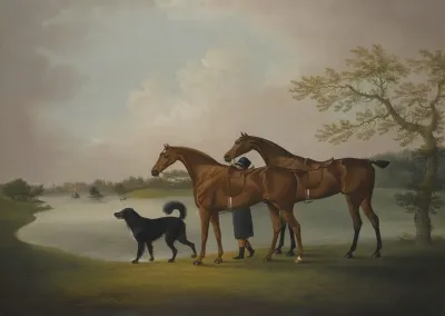 A Pair Of Hunters Held By A Groom With A Newfoundland Dog By A Lake