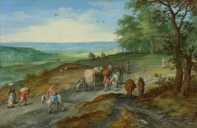 A Panoramic Landscape With A Covered Wagon And Travelers On A Highway