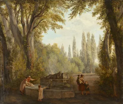 A Park Landscape With Women And Children Beside A Fountain