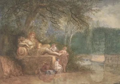 A Park With Figures At A Statue Near Water