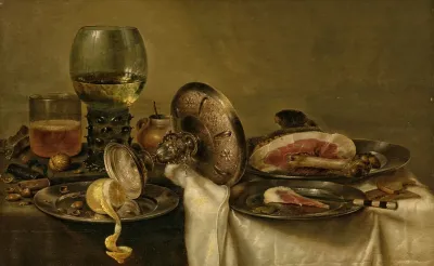 A Partially Draped Table With An Overturned Tazza Roemer And Glass Of Beer With A Partially Peeled Lemon And Ham On Pewter Plates