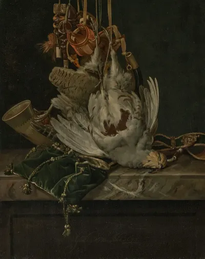 A Partridge A Hunting Horn Hawking Hoods And A Gold Trimmed Green Velvet Hunting Bag Hanging Above A Marble Ledge