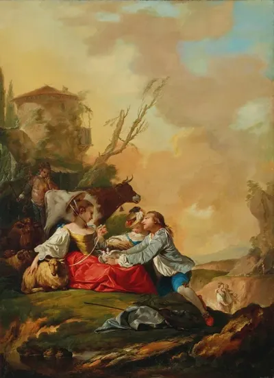 A Pastoral Scene With A Boy Offering A Shepherdess Doves In A Rocky Landscape