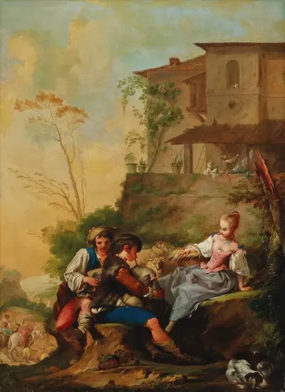 A Pastoral Scene With Two Musicians Serenading A Shepherdess