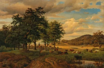 A Pasture Landscape With Cows In The Background A Village