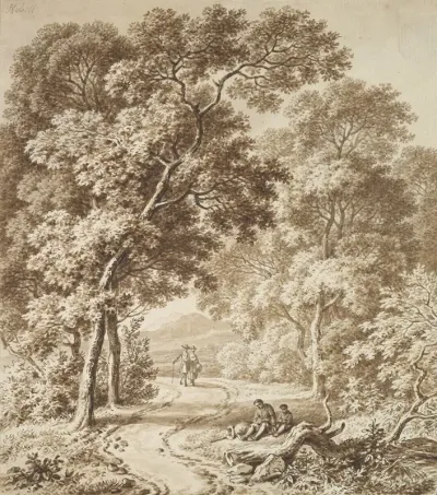 A Path Bordered By Trees With Two Beggars And A Couple Strolling