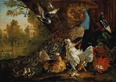 A Peacock Chickens Pigeons And Other Birds In A Landscape