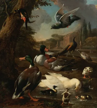 A Peacock Pigeon Ducks And Other Birds In A Garden Setting