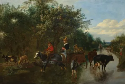 A Peasant Girl And Boy Driving A Vegetable Cart On A Flooded Track With Other Peasants On Their Way To Market And A Boy Herding Cattle