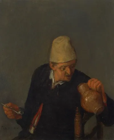 A Peasant Holding A Jug And Pipe
