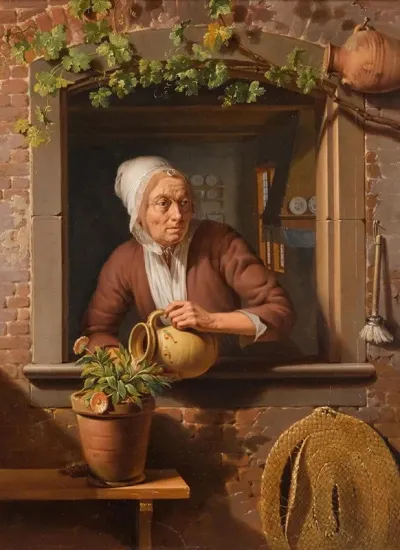 A Peasant Lady Watering A Flower Pot On A Wooden Table With A View Of The Interior Of Her Home In The Background