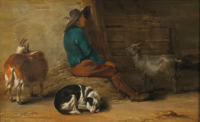 A Peasant Resting With A Dog And Goats Nearby