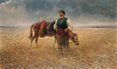 A Peasant With A Donkey In A Field