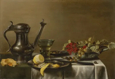 A Peeled Lemon On A Pewter Plate A Pewter Wine Jar A Roemer Gooseberries And Redcurrants In A Dish A Knife On A Partially Draped Table
