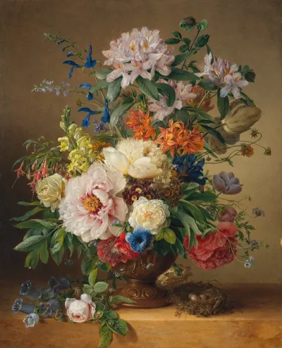 A Peony Rhododendron Azalea Antirrhinum And Larkspur In An In A Sculpted Urn On A Stone Ledge With A Birds Nest