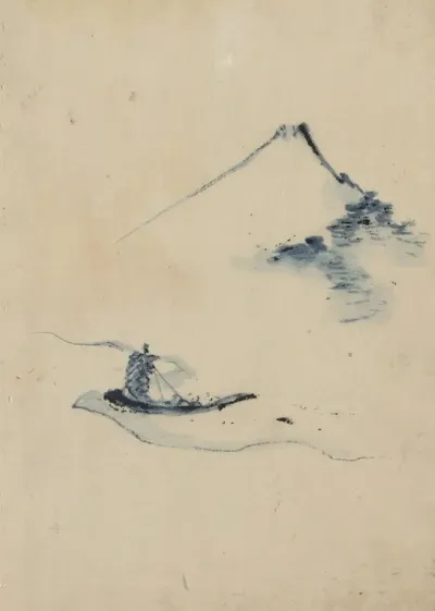 A Person In A Small Boat On A River With Mount Fuji In The Background