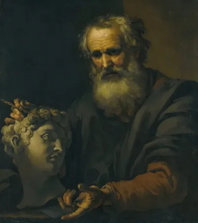 A Philosopher Deep In Thought Holding A Sculpted Head