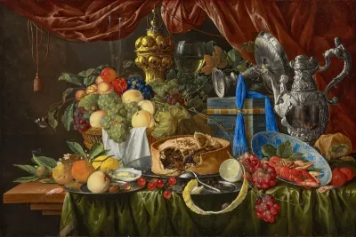 A Pie On A Pewter Plate A Partially Peeled Lemon And Overturned Silver Spoon On A Pewter Plate