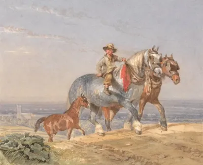A Ploughboy Riding One Of A Pair Of Draught Horses Up A Hill