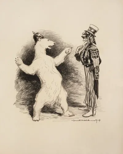 A Polar Bear With A Prussian Helmet Talks With Uncle Sam Dressed In Armor