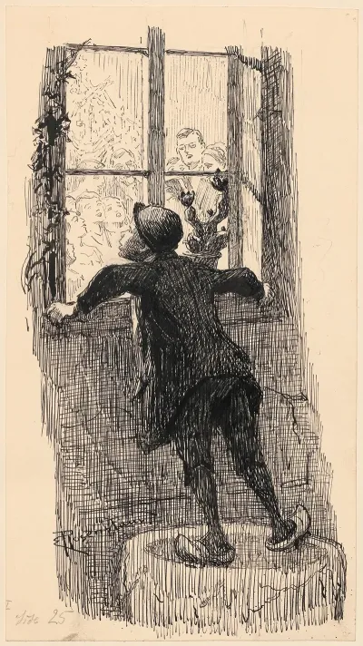 A Poor Boy Looks Through A Window At A Family Celebrating Christmas