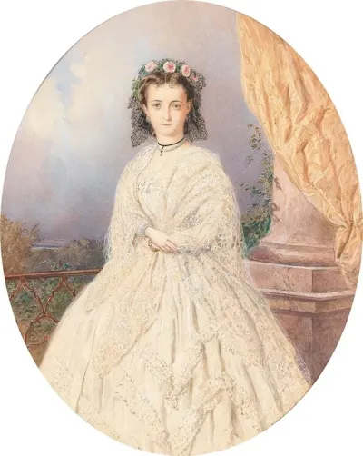 A Portrait Of A Bride With Roses In The Hair Standing On A Balcony