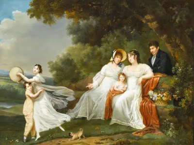 A Portrait Of A Family With Their Pug In A River Landscape