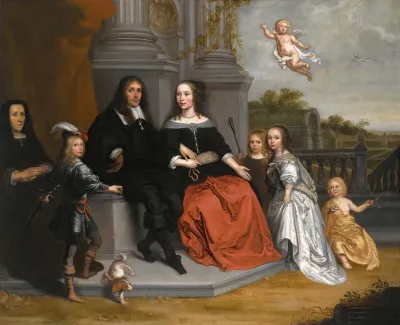 A Portrait Of A Family Within A Formal Garden Setting The Husband And Wife Seated Beneath Two Fluted Pillars