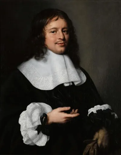 A Portrait Of A Gentleman Half Length With A White Collar And Cuffs And Holding A Pair Of Gloves