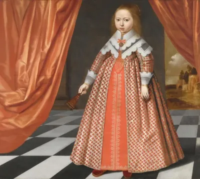 A Portrait Of A Young Girl By A Draped Red Curtain A Landscape Beyond