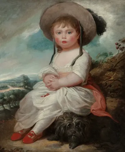 A Portrait Of A Young Girl Seated In A Landscape With Her Pet Dog Thought To Be The Honorable Mary Legge