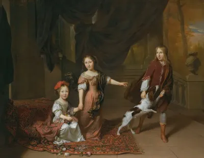 A Portrait Of Two Sisters And Their Brother Playing With A Dog