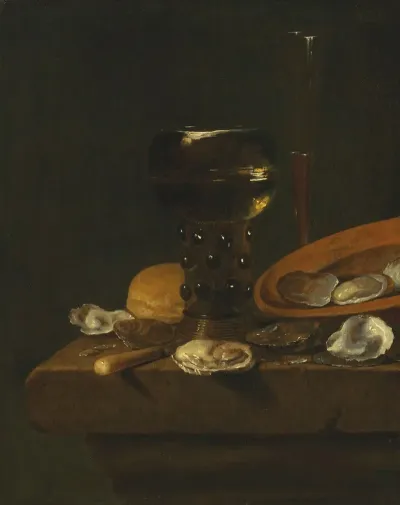A Prunted Roemer Of Sweet Wine And Red Wine In A Facon De Venise Glass With Oysters In An Overturned Dish And Bread On A Ledge