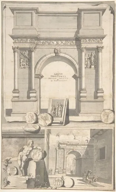 A Reconstruction Of The Arch Of Domitian Above And View The Ruins Below